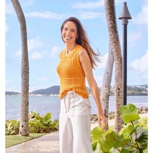 Talbots Womens S Gold Open Knit Sweater Tank Lightweight Boho Beach Vacation